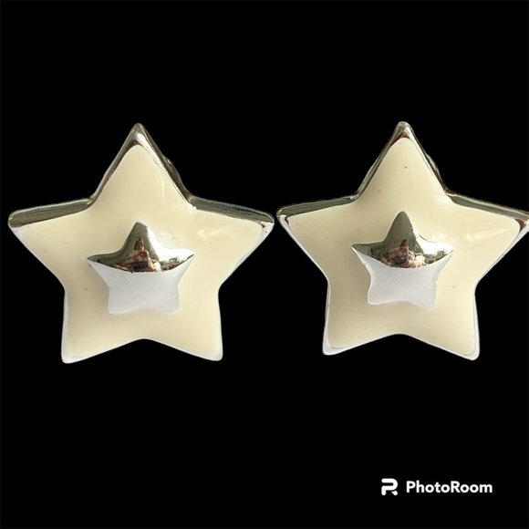 Vintage White Enamel Stars Clip On Earrings 80s 90s Silver Plated Celestial - Picture 4 of 11